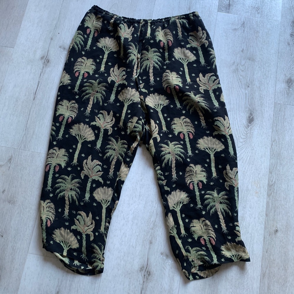 Ann May Women's Size Small Silk Palm Tree Print‎ Tropical Pants Black